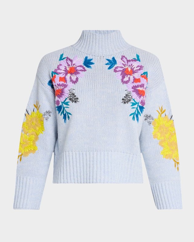 Floral Embroidered Wool-Cashmere Turtleneck Sweat